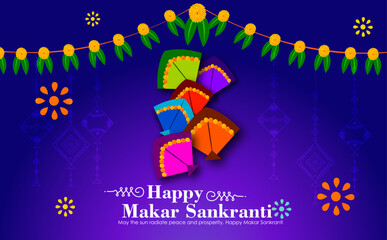 Creative Happy Makar Sankranti Festival Background Decorated with Kites, string for festival of India - 702984567
