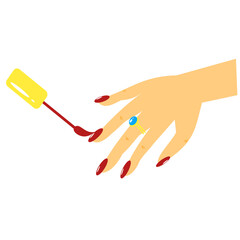 Woman's hand with manicure.  Female hand with manicure. Red manicure. Hand with a diamond. Female hand with a ring. Nail polish brush