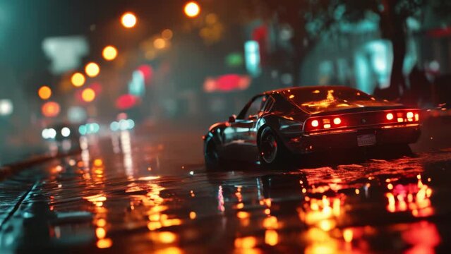 Car racing at night in a cyberpunk city with flashing lights and rain close-up animation