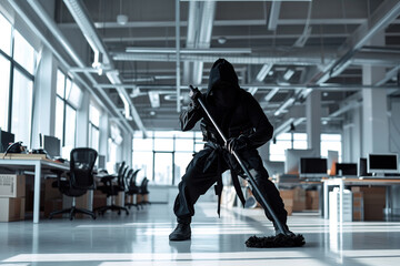 Ninja sweeping the floor in white office, cleaning service.