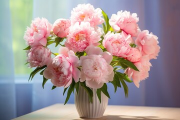 Fototapeta premium Pink peony flowers in vase on wooden table