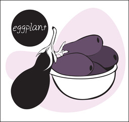 Organic Eggplants in basket on White Background. whole eggplants in doodle style.