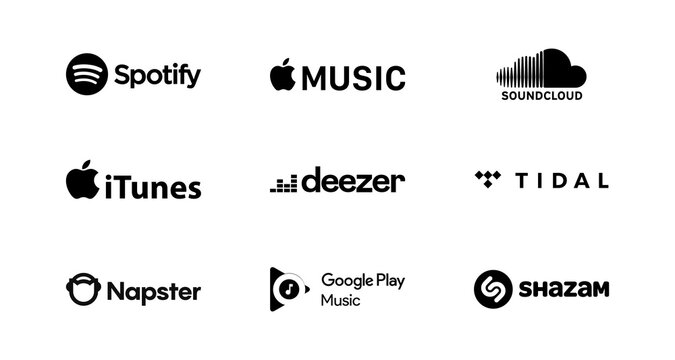 Spotify, Apple Music, iTunes, Deezer, Tidal, Google Play Music - music streaming services. Kyiv, Ukraine - January 4, 2024. Editorial. Vector