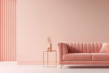 Minimalist interior with a peach velvet sofa, geometric side table, and soft-hued walls