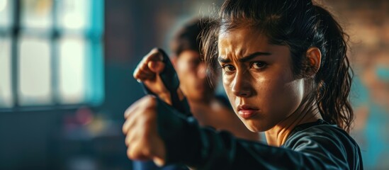 Hispanic woman trains with coach in self-defense. - obrazy, fototapety, plakaty