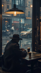 A silhouetted detective in a fedora, thoughtfully gazing out a rain-speckled window, with a steaming cup of coffee on the table