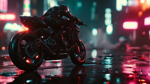 Lonely biker close-up in a neo noir megacity cyberpunk environment with night lights and rainy weather animation