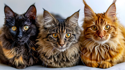 Portrait of three multicolored Maine Coon cats. Selective focus. 