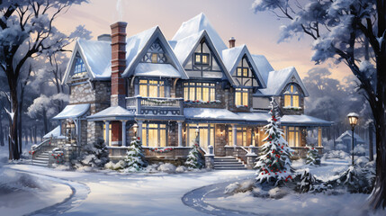 Enchanting watercolor illustration of a cozy beautiful house in a winter landscape