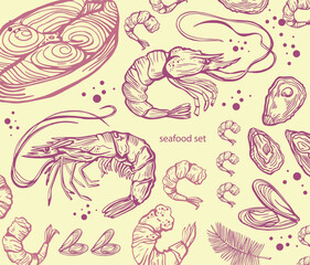 Hand drawn isolated vector set of seafood. Shrimps, langoustines, prawns, salmon, trout steak, oysters and mussels. Food vintage vector illustration on a white background.