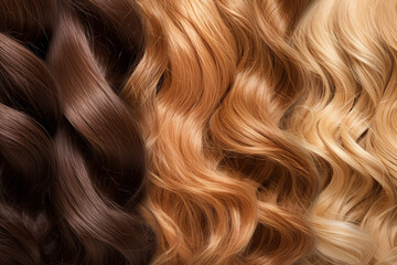 Fototapeta premium Beauty, fashion, make-up and hairstyle concept. Set of various dyed human hair colorful strands background with copy space. Macro close-up view