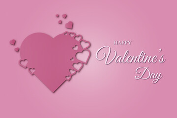 Valentines day greeting card with red paper elements in shape of heart flying on pink background	