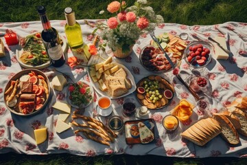 An overhead shot of a picnic blanket spread with delicious food on a sunny meadow