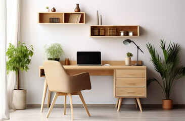 Obraz na płótnie Canvas Modern home office with wooden desk and office chair against of white wall. Scandinavian interior design of modern living room with comfortable workplace, Generative AI