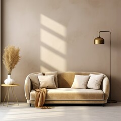 Minimalist home interior design of modern living room. Beige velvet sofa and floor lamp against wall with copy space, Generative AI