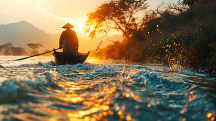 an asian fisherman is fishing with a net in the river in the forest. he hunts at sunset in autumn, wearing his local clothes and hat in the boat or canoe. - obrazy, fototapety, plakaty