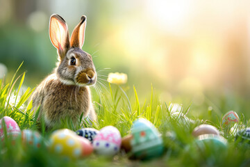 Easter bunny with eggs in grass, generative AI