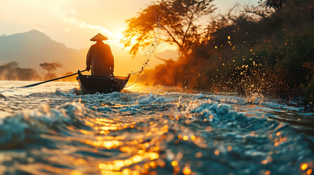 an asian fisherman is fishing with a net in the river in the forest. he hunts at sunset in autumn, wearing his local clothes and hat in the boat or canoe.
