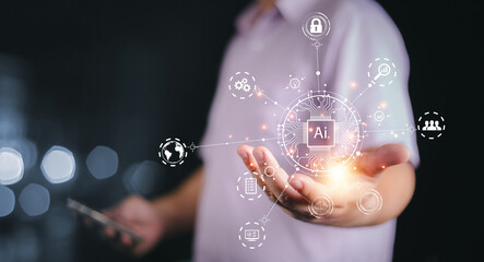 Ai tech, businessman touch on virtual graphic Global Internet connect to Chat with AI, Artificial...