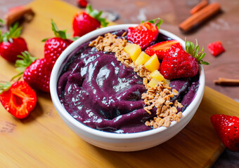 One Açaí Bowl Purple Acai in a White Bowl with Strawberries Cereal Granola on a Wooden Table