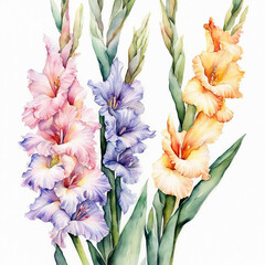 Gladioli watercolor illustration. Gladiolus bouquet. Blooming gladioli. Flowers. Summer, August. Mother's Day, Birthday. For printing on greeting cards, invitations, stickers.