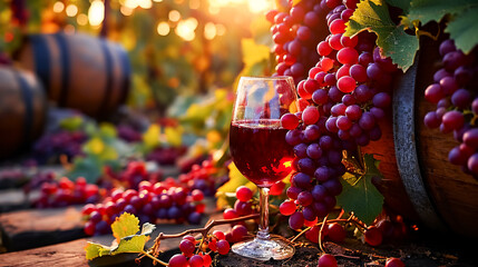 Mulled, Red  wine in a glass on a background of a wooden barrel with grapes and autumn leaves. 