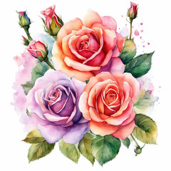Roses watercolor illustration. Bouquet of roses. Blooming roses. Flowers. Spring, summer. Mother's Day, Birthday. For printing on greeting cards, invitations, stickers.