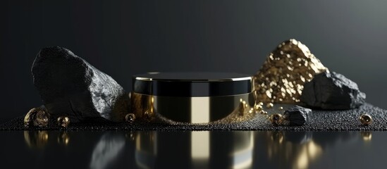 Black cylindrical object sitting in dark liquid, 3D image, with gold decorations and an empty base for showcasing products. Luxurious golden model resembling a rock podium.