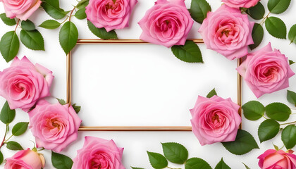 Rectangle frame of fresh pink tea rose flowers with green leaves on white background isolated. Top view, flat lay for valentine's day,created with generative ai