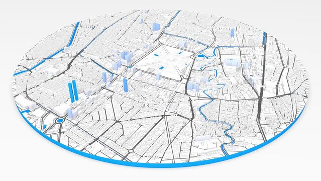 Jakarta 3D model map background loop. Spinning around Indonesia city air footage. Seamless panorama rotating over downtown backdrop.