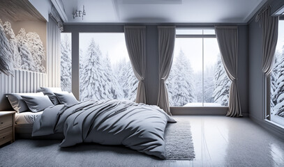winter bedroom with a view of the forest, a bed with bedding in the room - obrazy, fototapety, plakaty