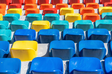 colorful seats in a stadium arena. Close up detail