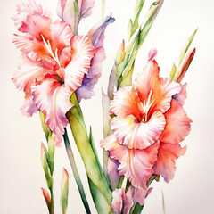 Gladiolus buds watercolor illustration. Gladiolus bouquet. Blooming gladioli. Flowers. Summer, August. Mother's Day, Birthday. For printing on greeting cards, invitations, stickers.
