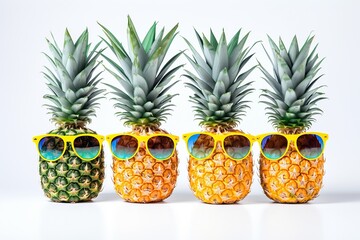 Ripe pineapples with sunglasses on white background