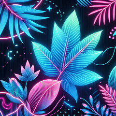 Neon tropical leaves abstract fractal background