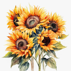 Sunflowers bouquet watercolor illustration. Blooming sunflowers. Wildflowers, meadow flowers. Summer. Yellow, orange, green colors. Mother's Day, Birthday. For printing on greeting cards, invitations.