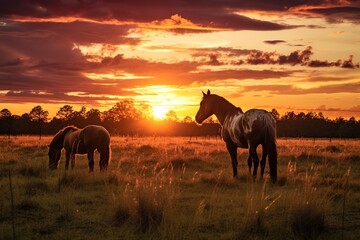 Beautiful horses grazing on field at sunrise sky