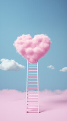 Valentine background. A ladder is going up to cloud shaped like heart. Pastel colors in the style of  minimalism. Minimal love and women's day greeting card	