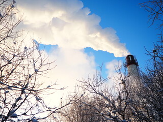 Smoke from a factory chimney. Ecological pollution. Air emissions polluting forest. Industrial...