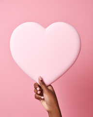 Woman hand holding a heart on a light pink bacgroudn in the style of minimalism. Minimal love and women's day greeting card	