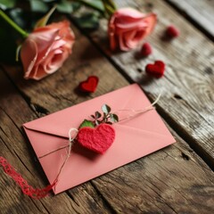 Handcrafted Love Envelope with Roses on Wooden Surface. Generative AI.