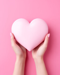Woman hands holding heart on the pink background. Minimalism. Minimal love and women's day idea