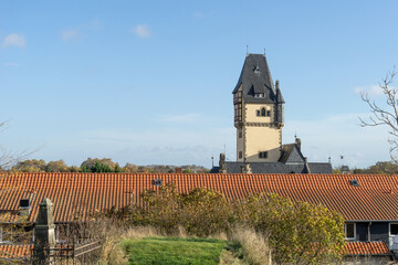 View of the tower of the Wilhelminian style villa Wipertistraße in Quedlinburg in autumn