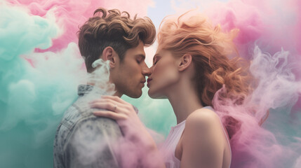 Couple embracing in a pink and blue smoke clouds, in the style of photorealistic scenes, candycore. Minimal Valentine concept