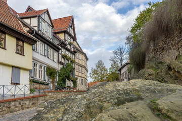 Fototapeta na wymiar Half-timbered houses at the Domfelsen in Quedlinburg, Saxony-Anhalt, Germany