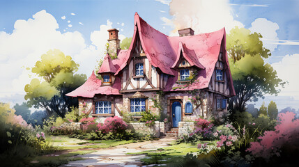 Enchanting watercolor illustration of a cozy beautiful house in a spring landscape - obrazy, fototapety, plakaty