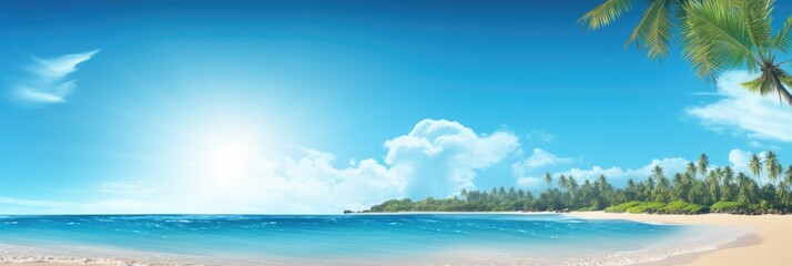 banner template featuring a tropical beach scene with clear blue skies and palm trees 