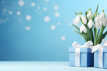 Gift box on blue background with flowers snowdrop, Mother's day, birthday, March 8 and Women's Day banner concept with copy space for text
