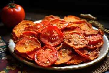 homemade tomato chips in rustic kitchen 