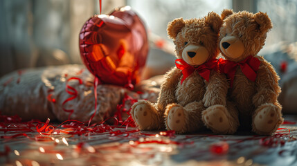 Two teddy bears standing together and a heart shaped balloon on light beige background